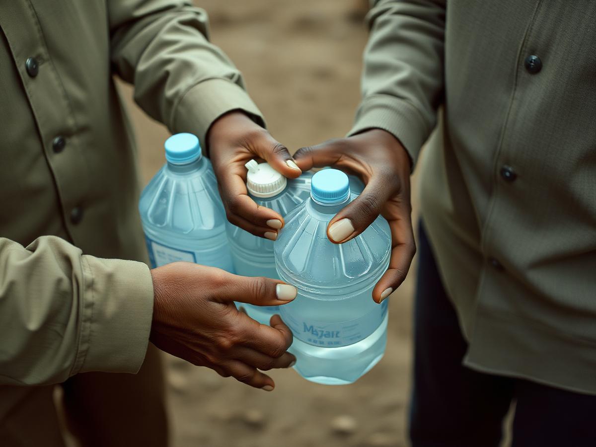 Hands passing clean water containers between two people