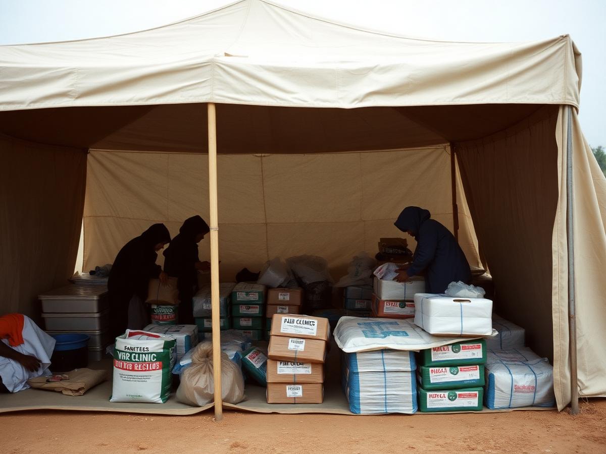 Aid workers organizing medical supplies in a field clinic tent
